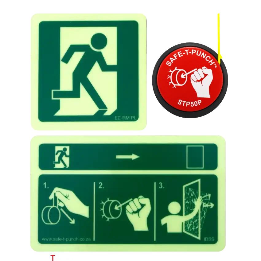 Safe-T-Punch emergency exit device with its escape instruction decal