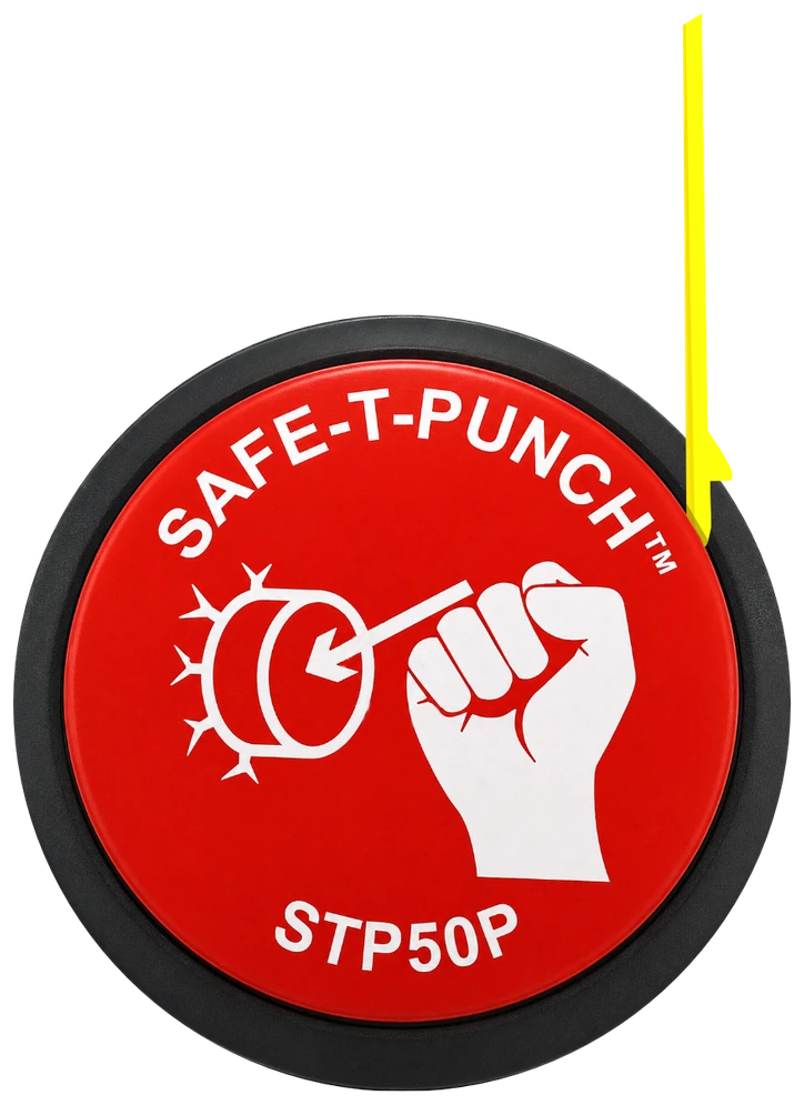 Safe-T-Punch™ STP50P with its yellow tag, permanently fitted to emergency glass