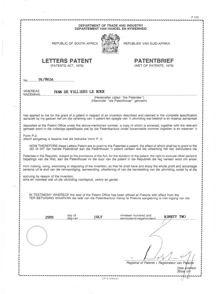 First page of the 1992 South African patent for Safe-T-Punch