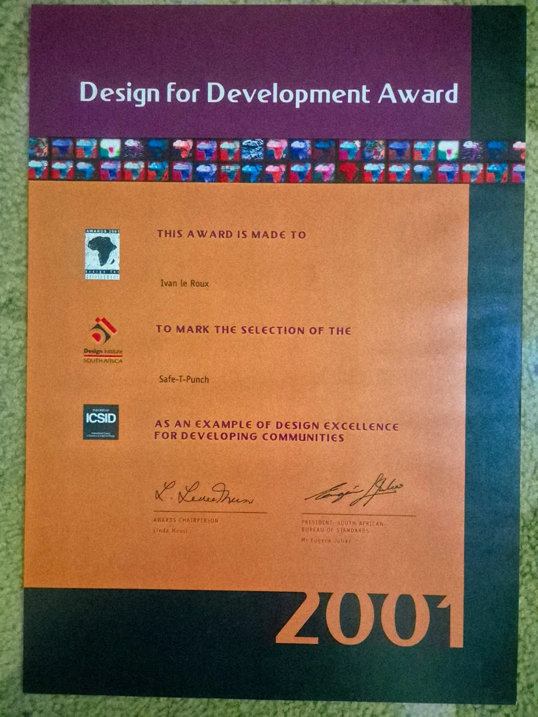 Chairman's Award for Design Excellence presented to Ivan le Roux