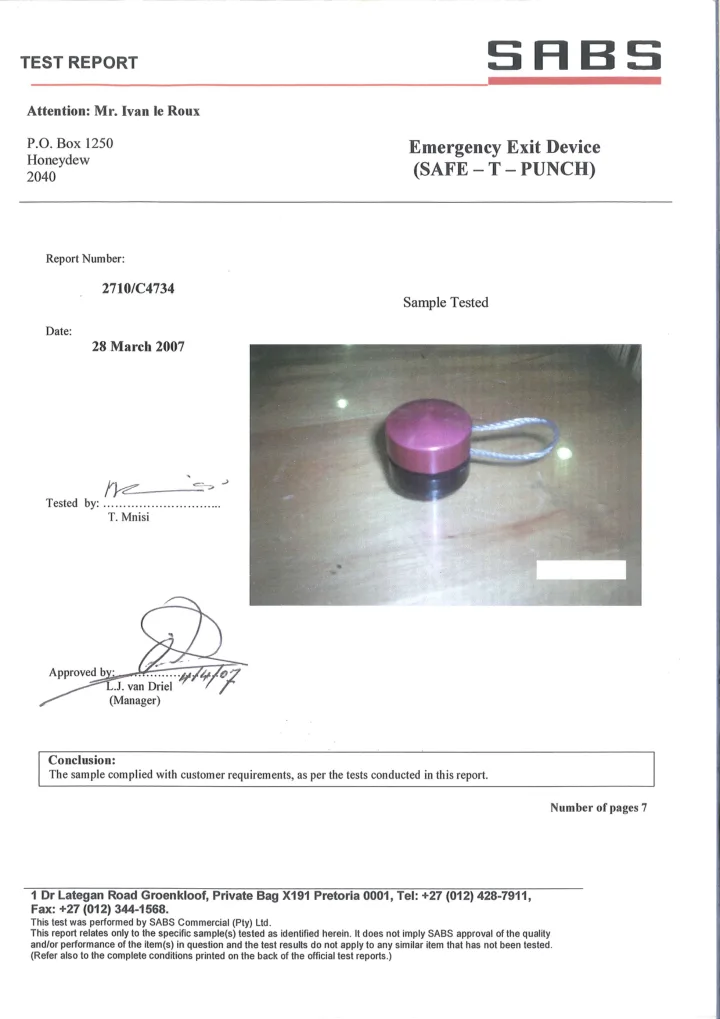 First page of the South African Bureau of Standards test report on Safe-T-Punch