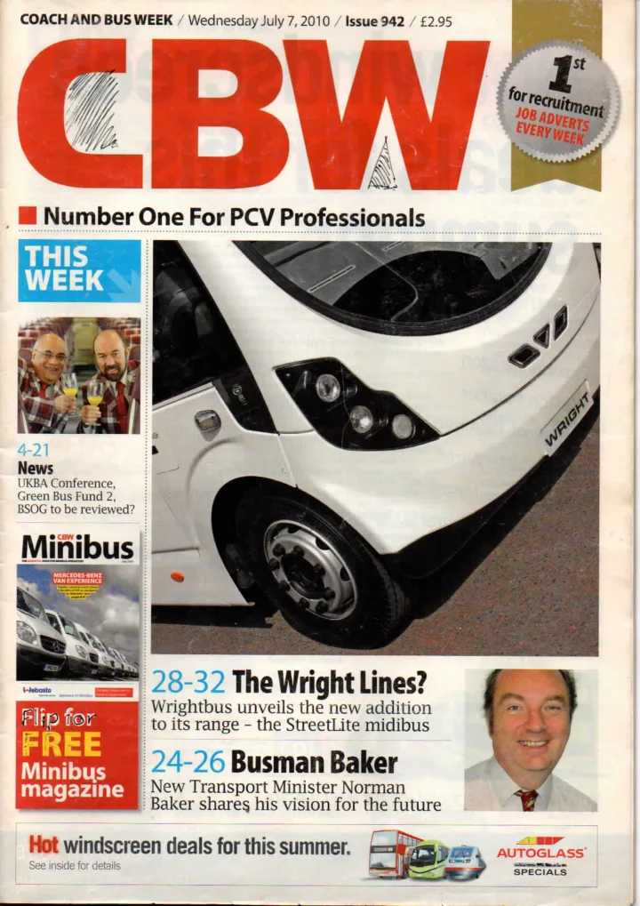 First page of the July 2010 Coach & Bus Weekly magazine featuring Wrightbus and Safe-T-Punch
