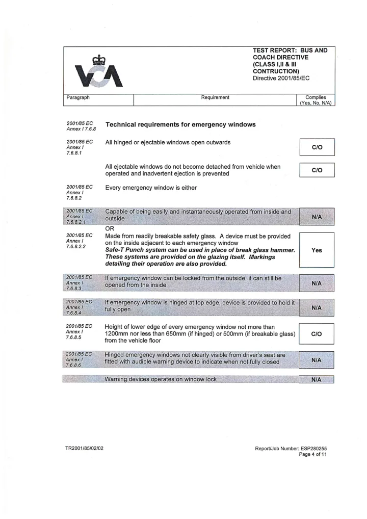 Vehicle Certification Agency (UK) test report page for Safe-T-Punch