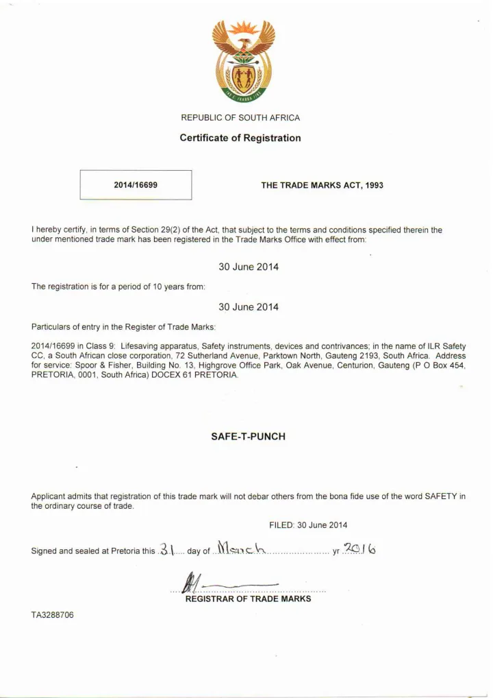 South African trademark registration certificate for Safe-T-Punch