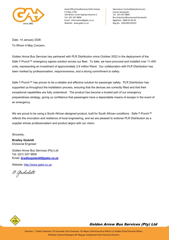 Golden Arrow Bus Services reference letter for Safe-T-Punch